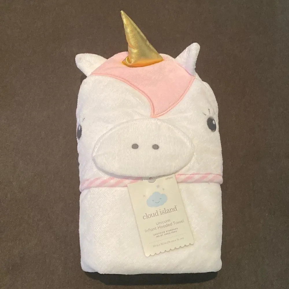 Cloud Island White Unicorn Infant Hooded Towel 30”x30” NWT